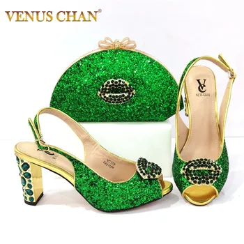  Новейший зеленый цвет Африканская обувь и сумка Соответствующий набор Женская обувь Женская итальянская дизайнерская обувь и сумка Набор для вечеринки Свадьба