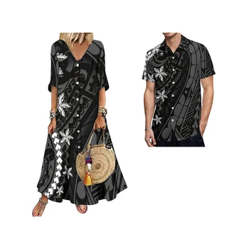 Новое поступление Рубашки с половиной рукава Платье на пуговицах Custom Tapa Tonga Племенной принт Женская одежда Матч Мужская рубашка