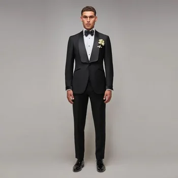 Новое поступление Черные костюмы для мужчин 2024 Формальная выпускная вечеринка Банкет Смокинг Мода Шаль Лацкан Одна Пуговица 2 шт. Блейзер с брюками