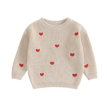  Новорожденные Девочки Свитера Милые Длинные рукава Вышивка Сердца Трикотажные Пуловеры Младенческий Джемпер Топы