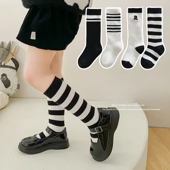 Новые корейские черные носки в белую полоску до колена для детей Унисекс Подростки Студенты Школьные носки Детские чулки 1-8 лет