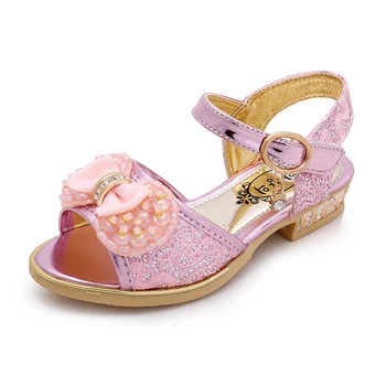 Новые сандалии для девочек Детская мода Принцесса Кожа Summe Танцевальная обувь с открытым носком и мягким дном с бантом STQ020