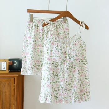 Новый сладкий креп хлопковая пижама комплект женская летняя цветочная одежда с коротким рукавом для дома бюстгальтер прокладка домашняя одежда повседневный пижамный костюм милая пижама