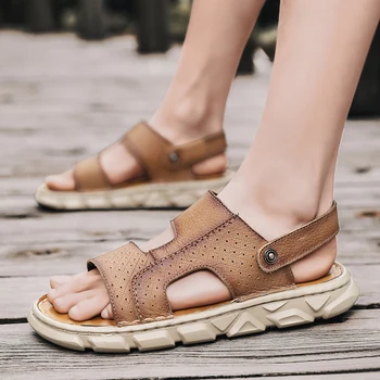 Обувь из натуральной кожи для мужчин на открытом воздухе Лето 2023 Новые мужские сандалии дышащие мужские сандалии ручной работы Модные сандалии мужские тапочки