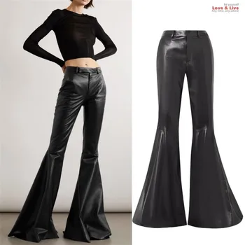 Осенние новые стильные винтажные кожаные брюки для женщин с высокой талией Slim Fit Tight Long PU Кожаные брюки-клеш Y4468