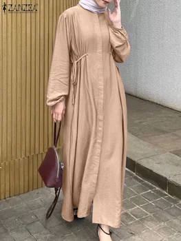 Осень Мусульманские платья Турция Абая Ислам Одежда Хиджаб Vestidos ZANZEA Женщины Элегантное Длинное Платье Мода Полный Рукав Халат Кафтан