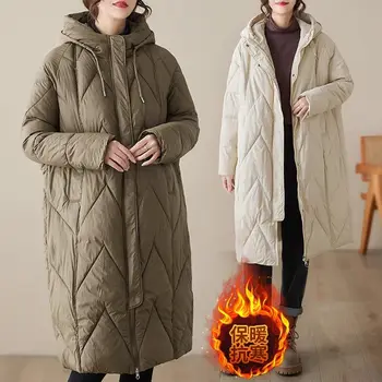 Очень большой размер одежды для женщин Теплая пуховая хлопковая куртка Осень-зима Молния с капюшоном Однотонный свободный длинный парка-пальто Z3735