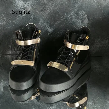 Повседневная мужская обувь с высоким верхом, металлическое украшение, черные мужские кроссовки, обувь для мужчин, осень-зима, спортивная обувь с толстой подошвой