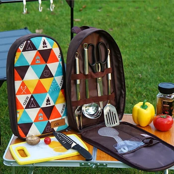  портативный кухонный набор из нержавеющей стали для пикника на открытом воздухе, кухонная утварь с сумочкой