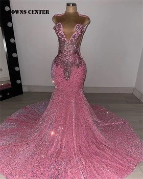 прекрасный розовый бархат с пайетками русалка длинное выпускное платье rainstones crystal рождественское платье черные девушки свадебное платье vestidos