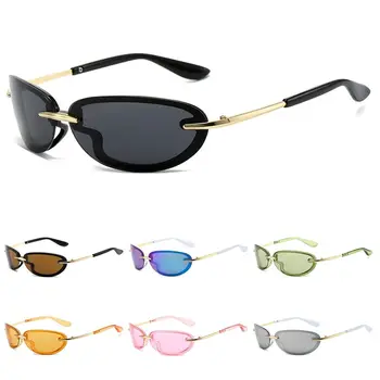  Прямоугольные солнцезащитные очки Y2K без оправы Конфетный цвет Обернуть вокруг сине-зеленых солнцезащитных очков UV400 Спортивные очки для вождения