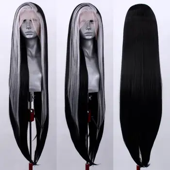 Прямые белые блики Черный кружевной передний парик для женщин Парики из синтетических волос Бесклеевые мягкие 180% плотности Предварительно выщипанный косплей