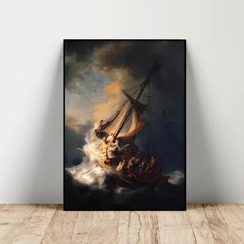 Рембрандт Ван Рейн Печать Художественный плакат Шторм на Галилейском море Холст Живопись Декор Стена Картина