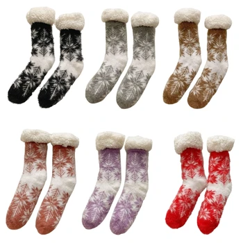Рождественские носки со снежинками для женщин Зимние теплые мягкие флисовые подкладки Нескользящие захваты Носки для теплового пола