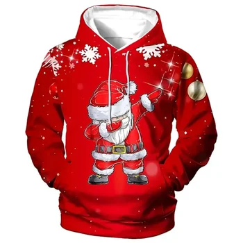 Рождественский капюшон для мужчин 3d Санта-Клаус Принт Толстовки Осень-Зима Толстовка с длинным рукавом Повседневный топ Оверсайз Мужская одежда