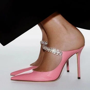 Розовые лакированные тапочки Хрустальный ремешок Острый носок Шпилька Высокий каблук Скольжение На подиуме Платье Женщины Слайды Плюс Размер 47