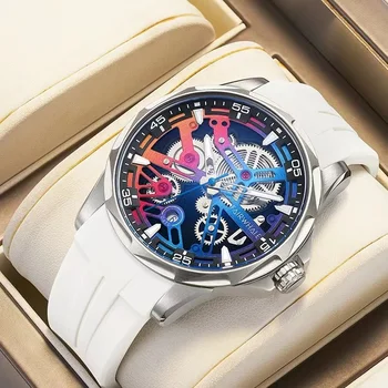 Роскошные автоматические часы Мужская мода Бренд Mark Fairwhale Sport Силиконовый ремешок Водонепроницаемые механические наручные часы с радужным циферблатом 2023
