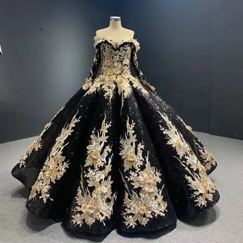 Роскошные черные платья Quinceanera Аппликации с пайетками С длинным рукавом Формальное бальное платье принцессы для сладких 16 девочек Vestidos De 15 Años