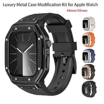 Роскошный металлический чехол Комплект модификации для Apple Watch Apple Watch7 8 9 44 мм 45 мм Мужской чехол Силиконовый ремешок для iwatch 4 5 6se Ремешок