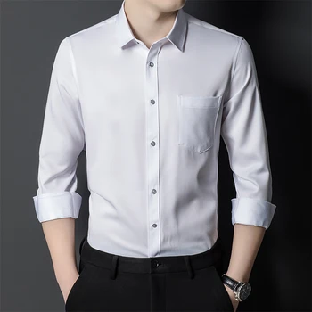 Рубашка с длинными рукавами Мужская деловая Формальная одежда Эластичная против морщин Сплошной цвет Черный Белый Синий Мода Повседневная Офис Socia