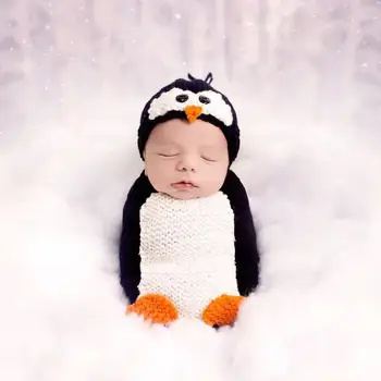  Ручная работа Детская фотография Платье и личное украшение Мультяшный пингвин Спальный мешок Вязаная шапка Набор Детская фотография