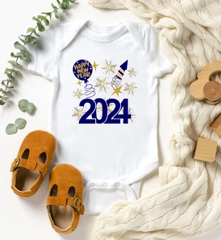 С Новым годом Детские комбинезоны с коротким рукавом для новорожденных Комбинезоны для новорожденных Hello 2024 Party Baby Boys Girls New Year Ropa Clothing