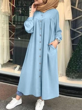 Свободные женщины Хиджаб Рубашка Платье Мусульманское Платье С длинным рукавом Макси Vestidos Женский халат на пуговицах Femme Musulman High Wasit Однотонный сарафан