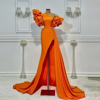 сексуальные оранжевые выпускные платья русалки длинные большие размеры атласные на одно плечо бисерные складки драпированные рюши формальные вечерние платья для вечерних вечерних вечерних вечеринок с рюшами E10046