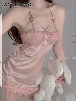 сетчатое кружево WOMENGAGA платье-комбинация с запахом на грудь мини-розовый v-образный вырез сладкие корейские женские топы мода 2022 осень элегантная одежда феи F2Z