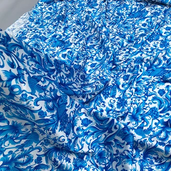 Синий и белый фарфор с принтом имитация шелка атласного полиэфирного материала мода дамы пижама платье блузка DIY ткань шитье