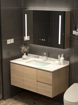 Скандинавский шкаф для ванной комнаты из массива дерева, комбинация шкафов для ванной комнаты с каменной доской, стол для мойки воздуха, интеллектуальная световая роскошная мойка b