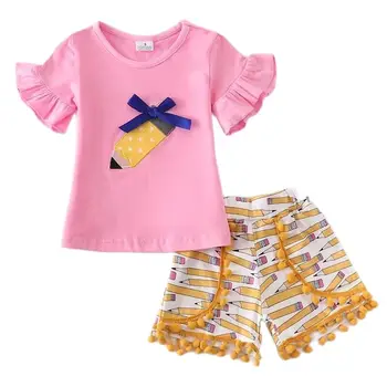Снова в школу Летний бутик Детский набор для девочек с принтом Розовые шорты с коротким рукавом с карандашным принтом Детский наряд