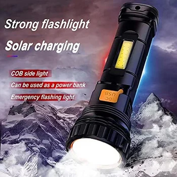  Солнечный/перезаряжаемый многофункциональный светодиодный фонарик, водонепроницаемый, с аварийным стробоскопом, USB-кабель для зарядки, быстрая зарядка, долговечный