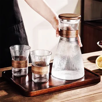 Стеклянный кувшин для холодной воды в японском стиле, рукав из грецкого ореха, термостойкие вертикальные полосы, кофейник, кувшин для сока, чайник заварочный