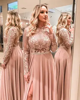  Стильные розовые выпускные платья с длинным рукавом Дешевые вечерние платья Линия кружева Вечернее платье