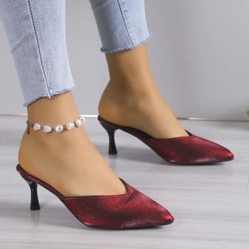  Тканые летние современные тапочки на тонких каблуках снаружи женская обувь в продаже 2024 Высококачественная твердая неглубокая сексуальная туфелька большого размера