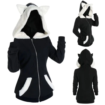 Толстовки в форме кошачьего ушка Женские черные пальто для косплея с длинным рукавом Женские женские зимние свитера с капюшоном с капюшоном