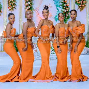 труба длинные платья подружек невесты с бусинами на одно плечо русалка оранжевый атлас формальное свадебное платье для женщин