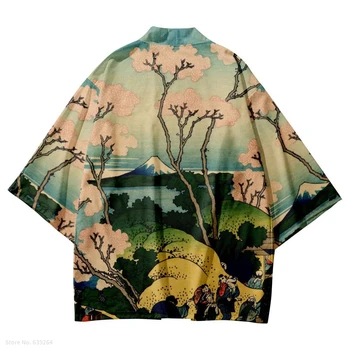 Уличная одежда Японские рубашки с принтом горы Фудзии Летний пляж Юката Кардиган Женское кимоно 2022 Мода Традиционная блузка Хаори