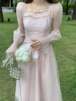 французское платье первой любви с тонким квадратным вырезом и рукавами-фонариками жаккардовое розовое платье для девочки весна