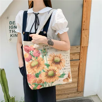 холщ сумка через плечо мультяшная повседневная сумка для покупок женская многоразовая складная пасторальная пляжная сумка для хранения Harajuku Мода 2022