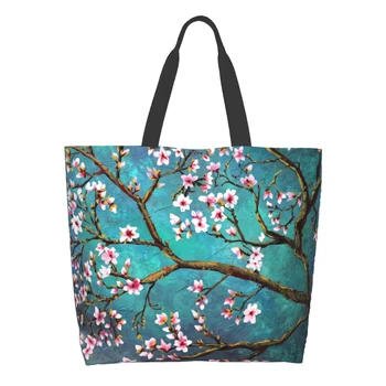 Цветущая сакура Холщовая сумка-тоут для женщин Выходные Розовые Цветы Дерево Зеленая Кухня Многоразовая Продуктовая Сумка Сумка Для Покупок