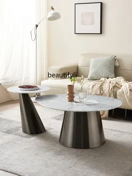  Чайный столик из натурального мрамора Комбинация Светлый роскошный современный роскошный каменный приставной столик Гостиная круглый маленький стол