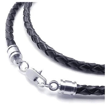 Ювелирные изделия Мужское ожерелье - 3мм Шнур - Кожа - Нержавеющая сталь - Для мужчин - Цвет Черный Серебристый - С подарочным пакетом - 60см