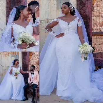 Южноафриканские свадебные платья русалки со съемным шлейфом прозрачный жемчуг на шее бисером бисер с длинным рукавом свадебные платья кружевная аппликация
